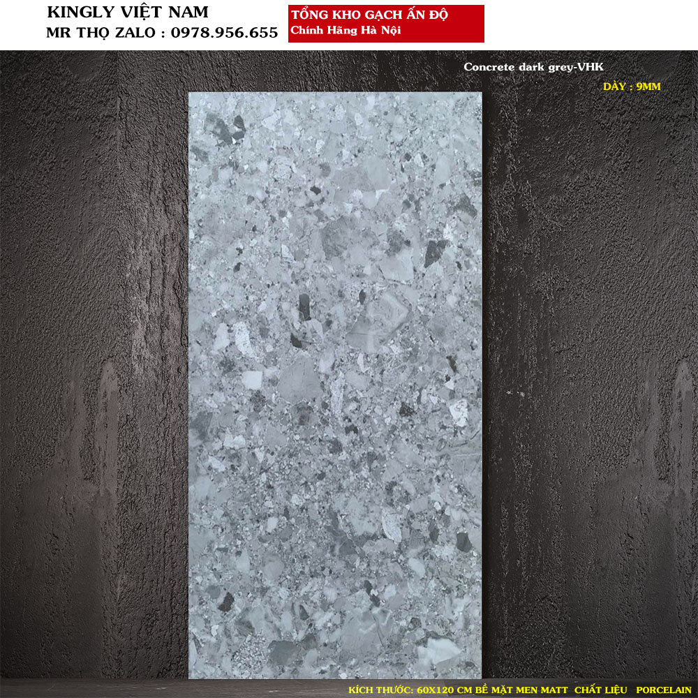 Gạch lát nền Terrazzo giả đá 60x120 cm Ấn Độ Concrete dark grey